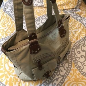 Casual Canvas and Brown Leather Shoulder Bag